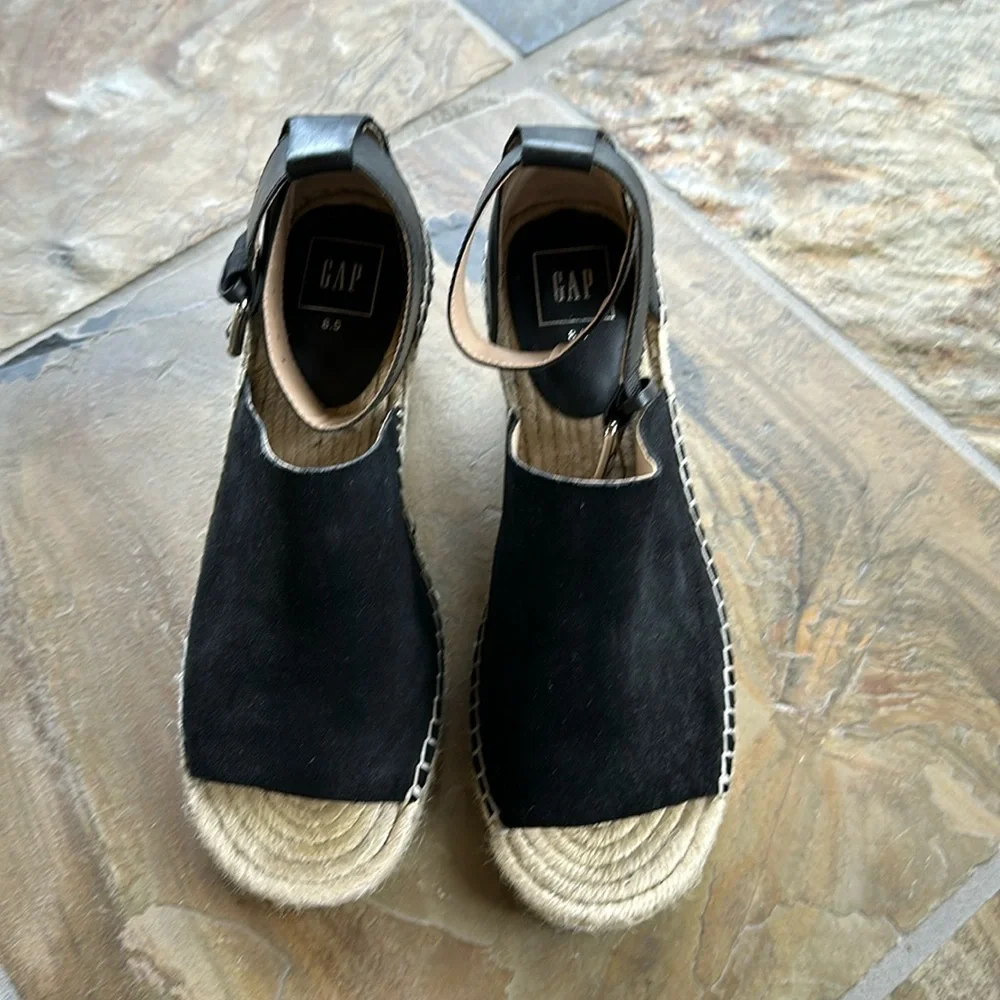 GAP Espadrilles Black Suede w/ Leather Silver Buckle Ankle Strap Size 8.5